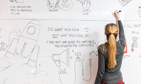 Celine Derom writing on whiteboard in brussels experience centre