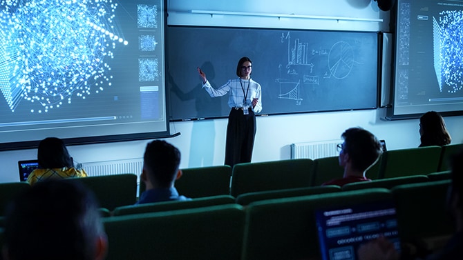 Woman giving a presentation on cybersecurity.